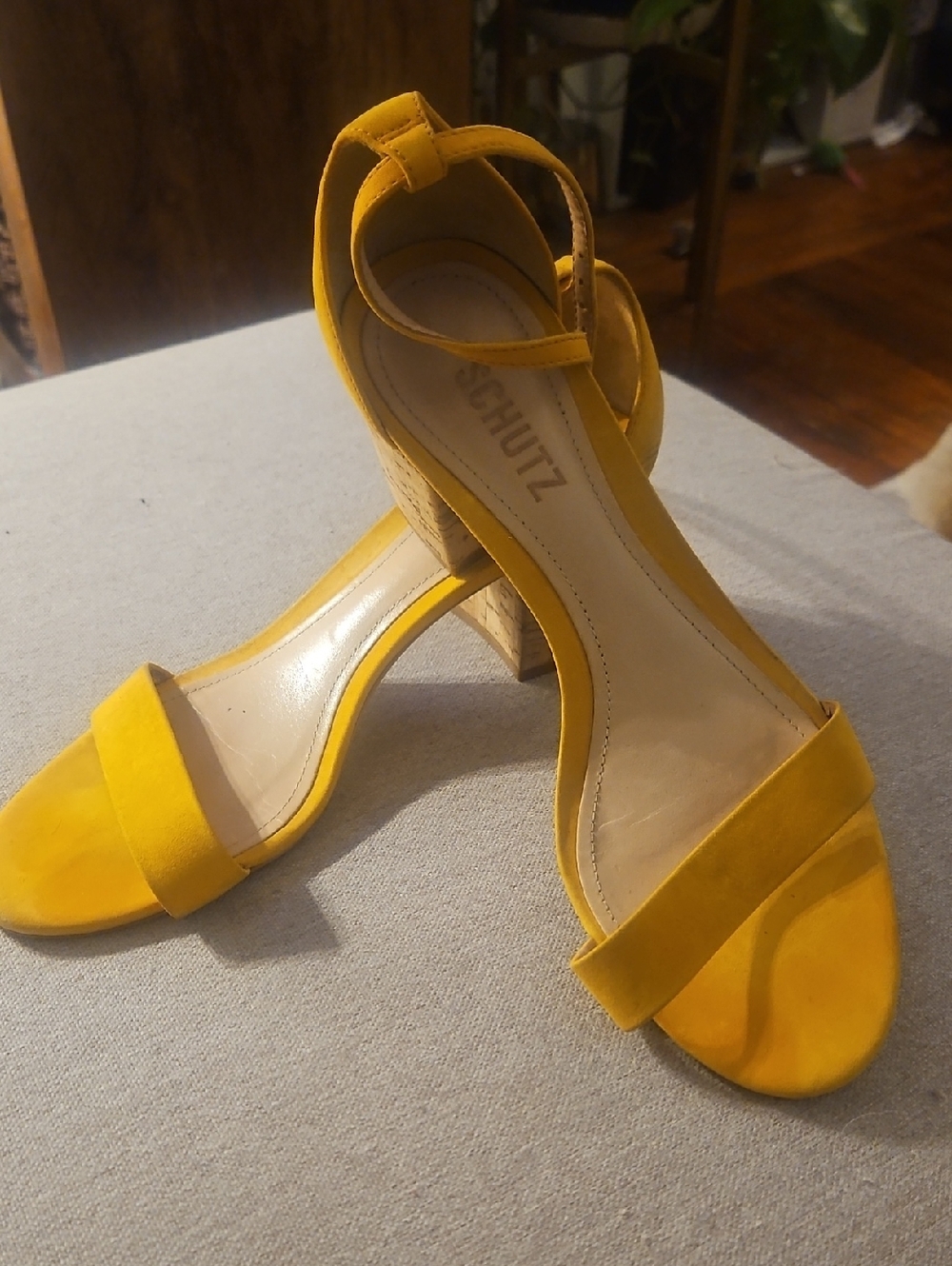 SCHUTZ Mustard Yellow Suede Block Heel Sandals